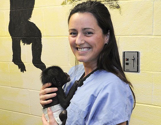 woman holding baby chimp