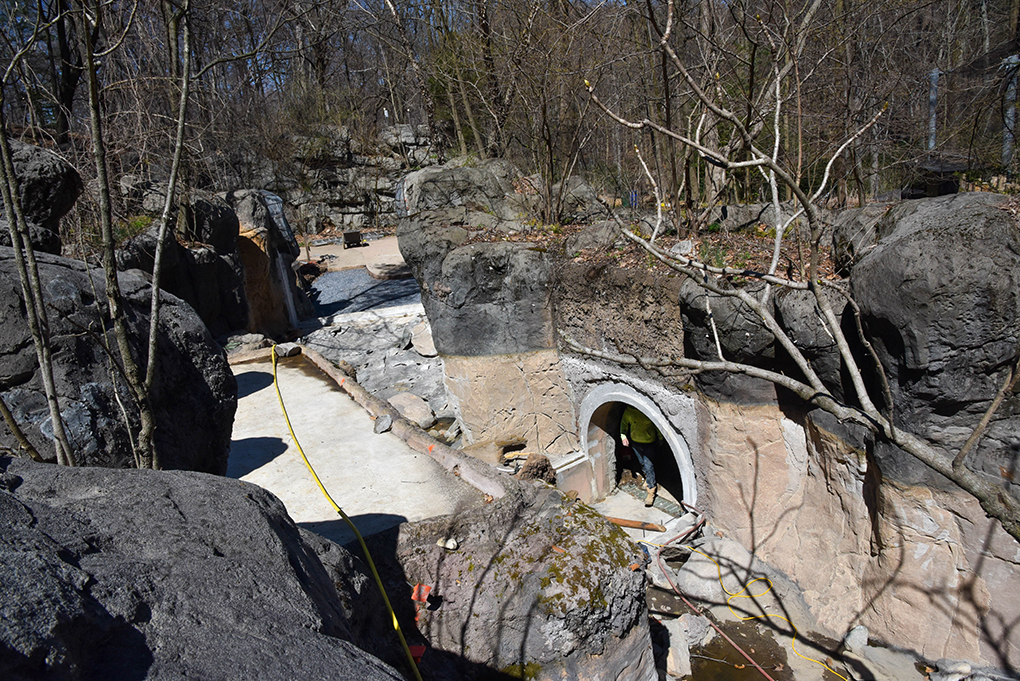 Otter habitat from above, large hole where underwater tunnel was removed.