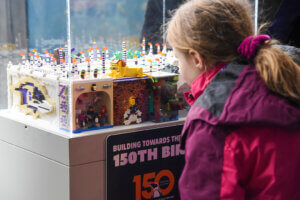 Guest looking at the first layer of the Zoo's 150th lego cake