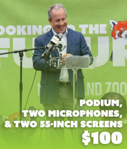 Podium, two microphones, and two 55-inch screens $100