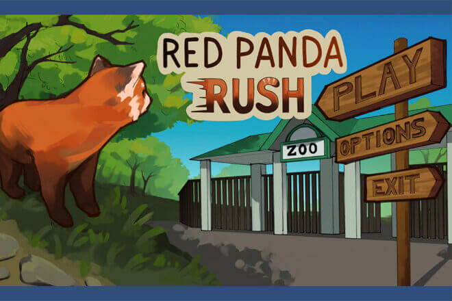 Main Menu to the game Red Panda Rush, with Play, Options, or Exit buttons
